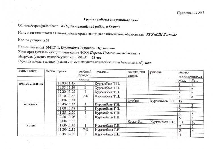 График работы спортивного зала
